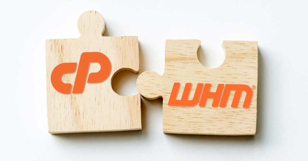 A puzzle piece with cPanel logo connecting to another puzzle piece with WHM logo