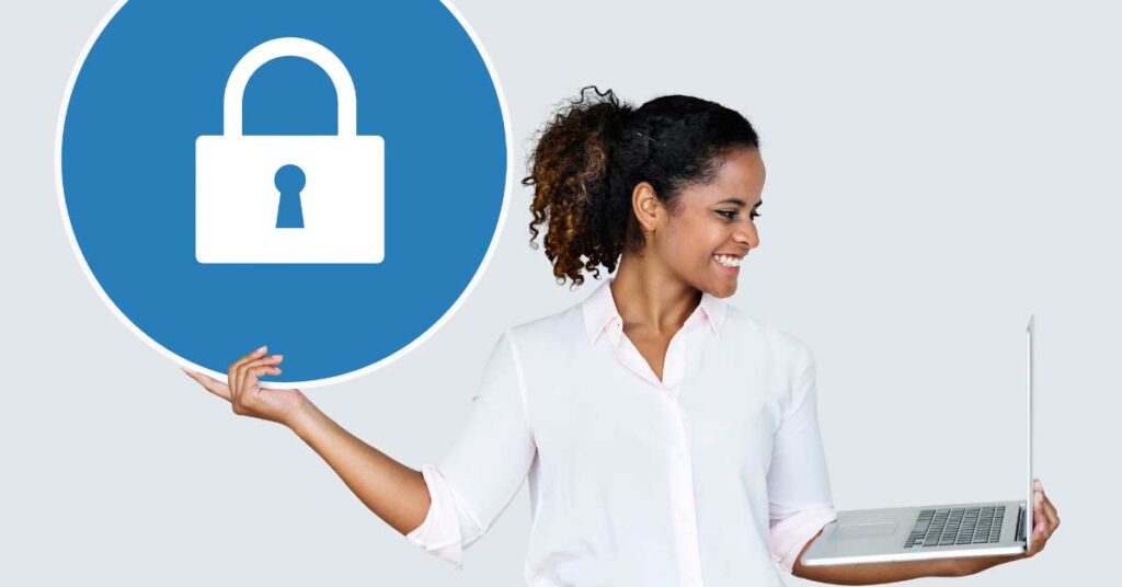Woman holding free SSL certificate in one hand and a laptop in the other