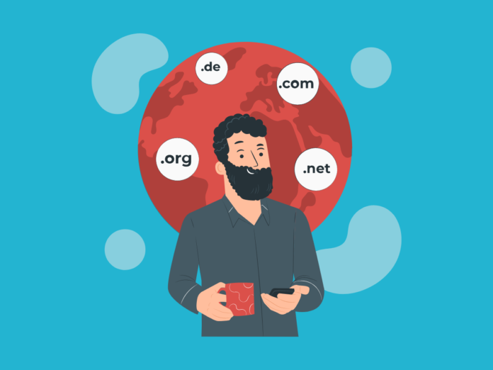 Image of man looking up different domain extensions