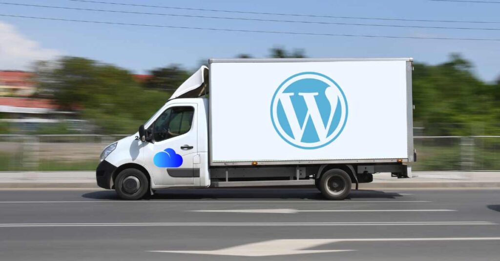 Moving truck with WordPress logo