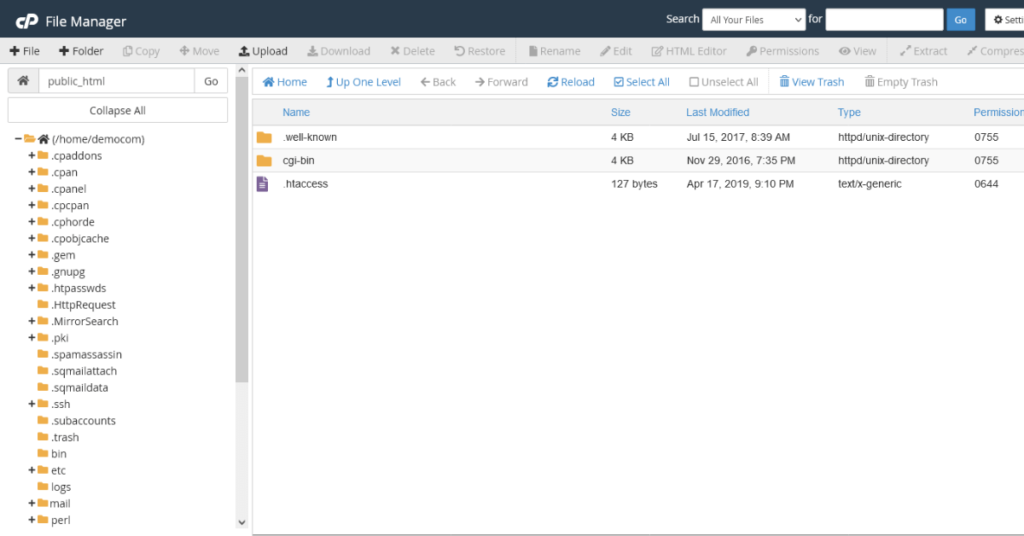 Screenshot of the cPanel file manager