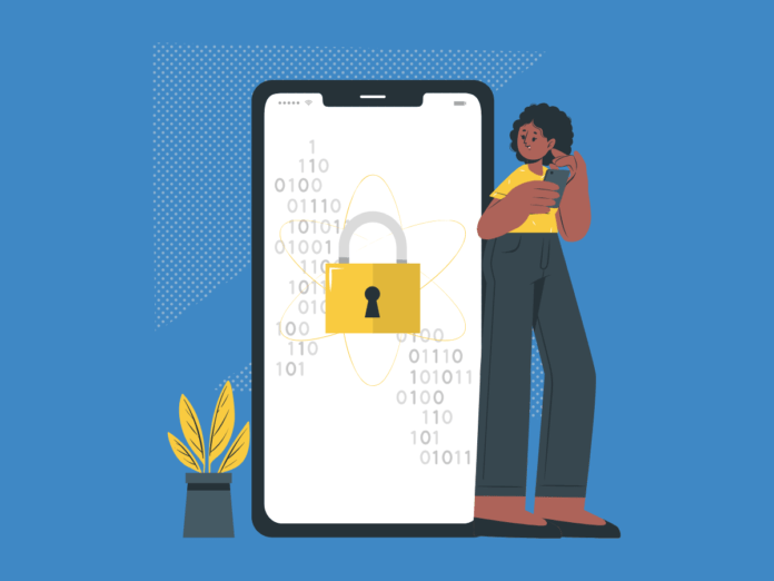 Image of woman wondering what is HTTPS while standing next to phone