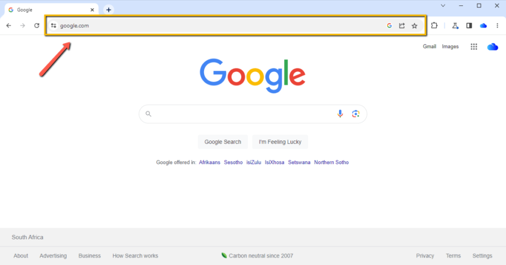 Image of web browser with address bar for URLs highlighted