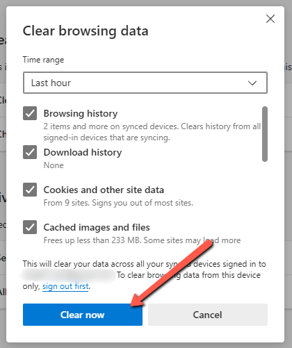 In Edge - click the Clear now button