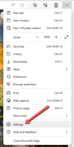 In Edge - from the dropdown menu, choose Settings
