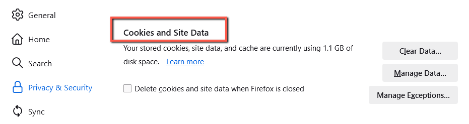 In Firefox - scroll down to the Cookies and Site Data section