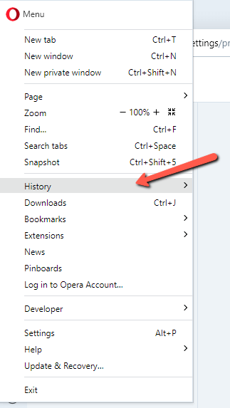 In Opera - from the dropdown menu, hover over History