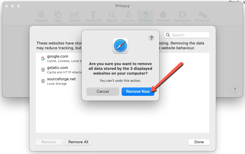 In Safari - confirm the action by clicking Remove Now