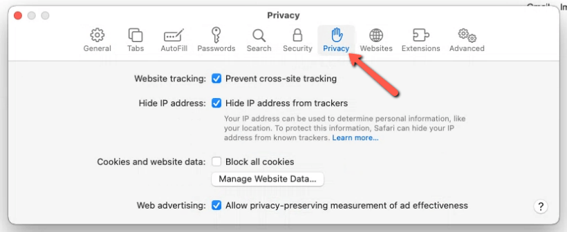 In Safari - in the Preferences window, navigate to the Privacy tab