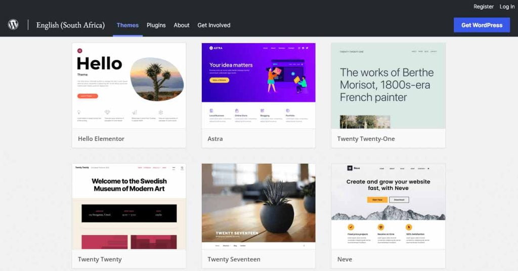 Different themes displayed in the WordPress Theme Directory